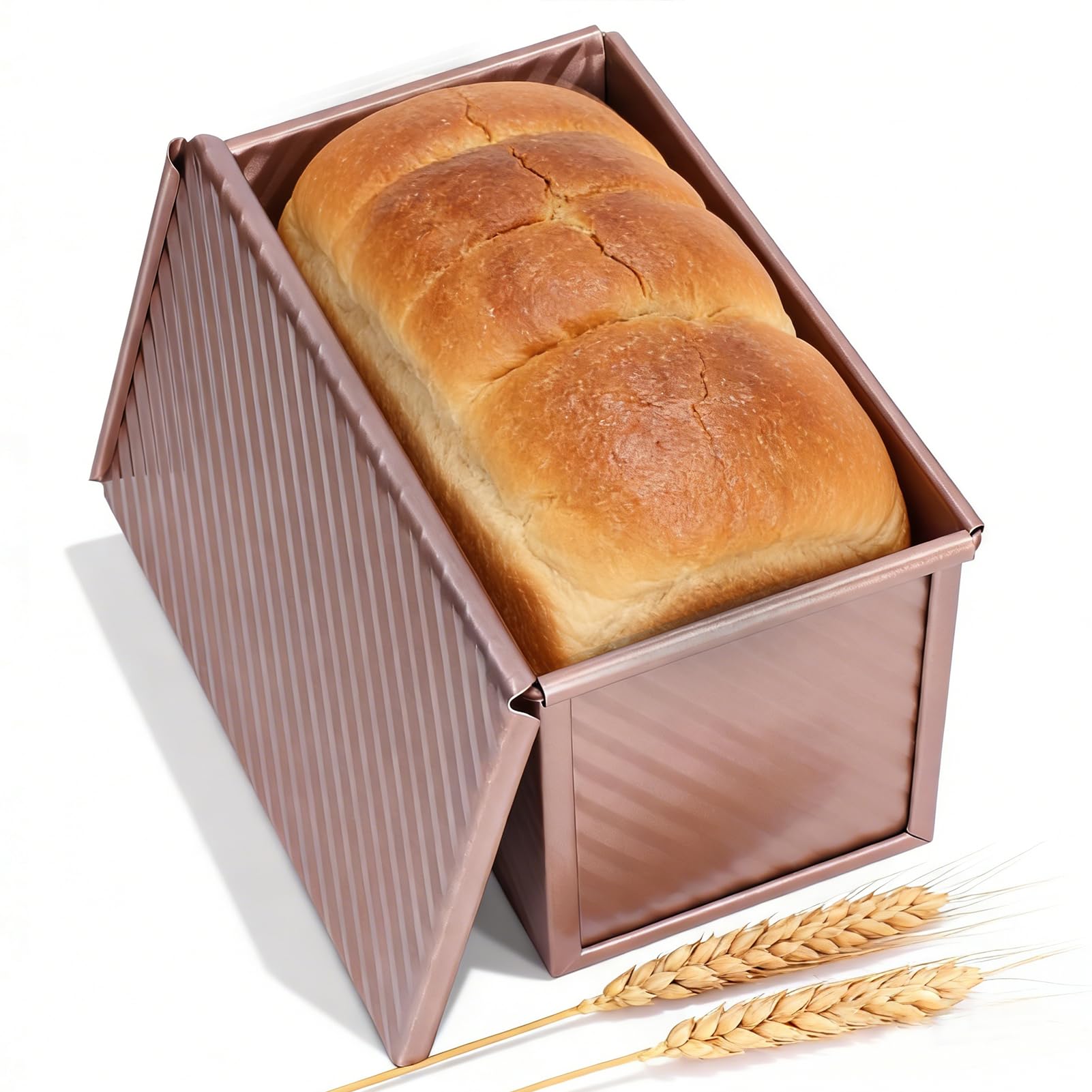 Natudeco Toasts Box Baking Mold Bread Loaf Pan with Lid 2.2Lb Dough Capacity Rectangle Loaf Pan for Baking Cake Kitchen Bakery Bakeware(Golden)