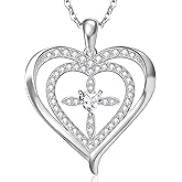 RIVIKO 925 Sterling Silver Cross Birthstone Necklace for Women,Love Heart Pendant Necklaces Trendy,Valentines Day Gifts for Her,Anniversary Jewelry Birthday Gifts for Women Wife Mother Friend