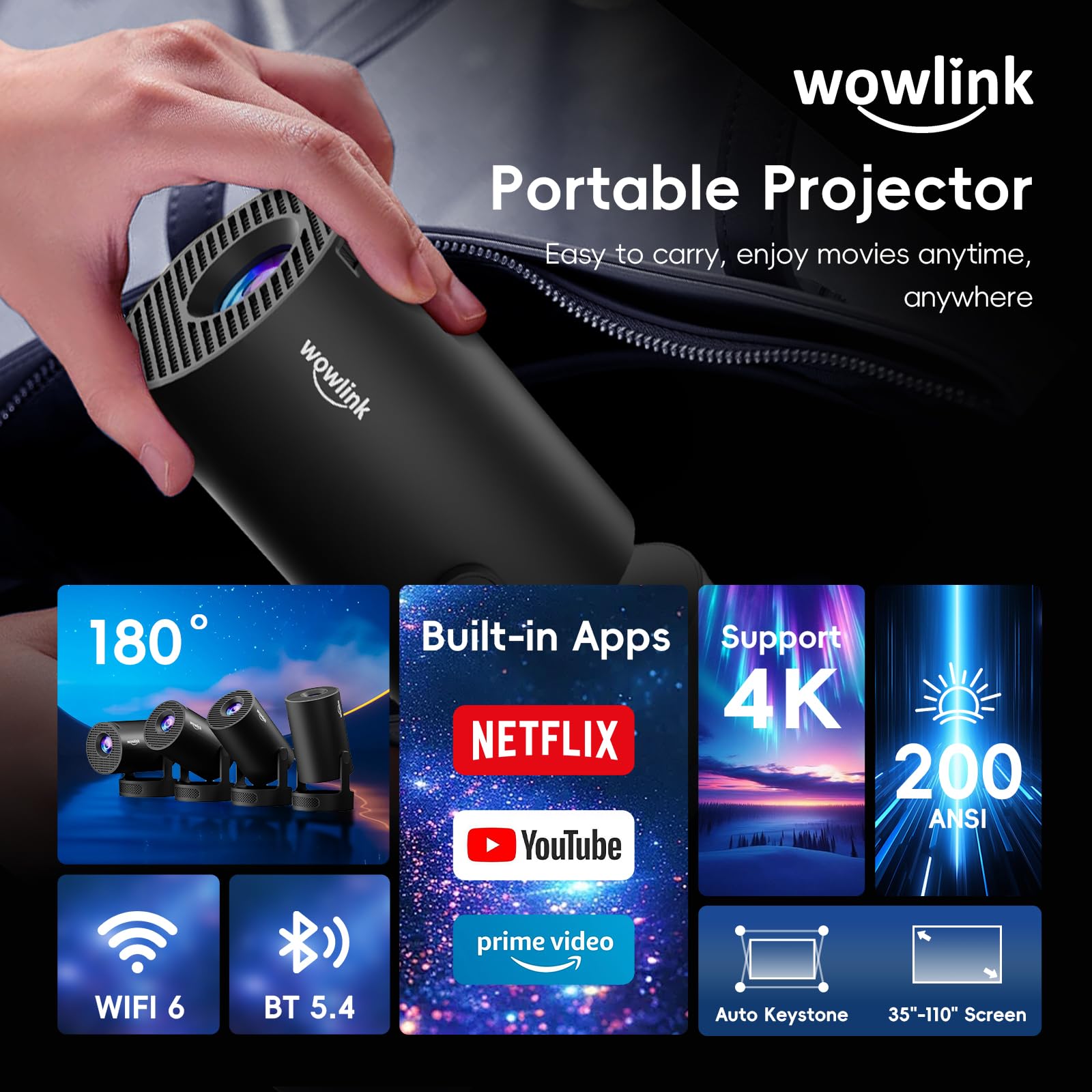 Mini Projector Supports 4K 1080P, Portable Projector with WiFi 6 and Bluetooth 5.4, Small Projector Car Keystone 180° Rotation, Compatible with HDMI/TV Stick/Memory Stick/Laptop, Black