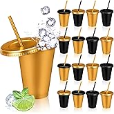 Skylety 16 Pcs Plastic Cups with Lids and Straws 16 oz Plastic Cups Coffee Reusable Tumbler Water Bottle Holiday Christmas Party Supplies Gifts for Drinking Coffee Cocoa(Black,Gold)