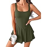 Caracilia Womens Tennis Dress Square Neck Built in Shorts and Bra Workout Athletic Golf Ruffle Hem Mini Dresses with Pockets