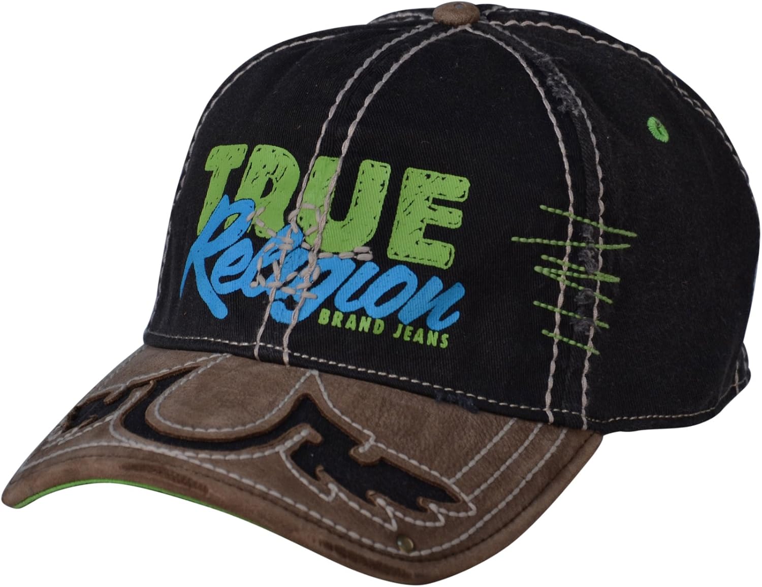 New True Religion Black Buddha 56 Distressed Fitted Trucker Hat Cap