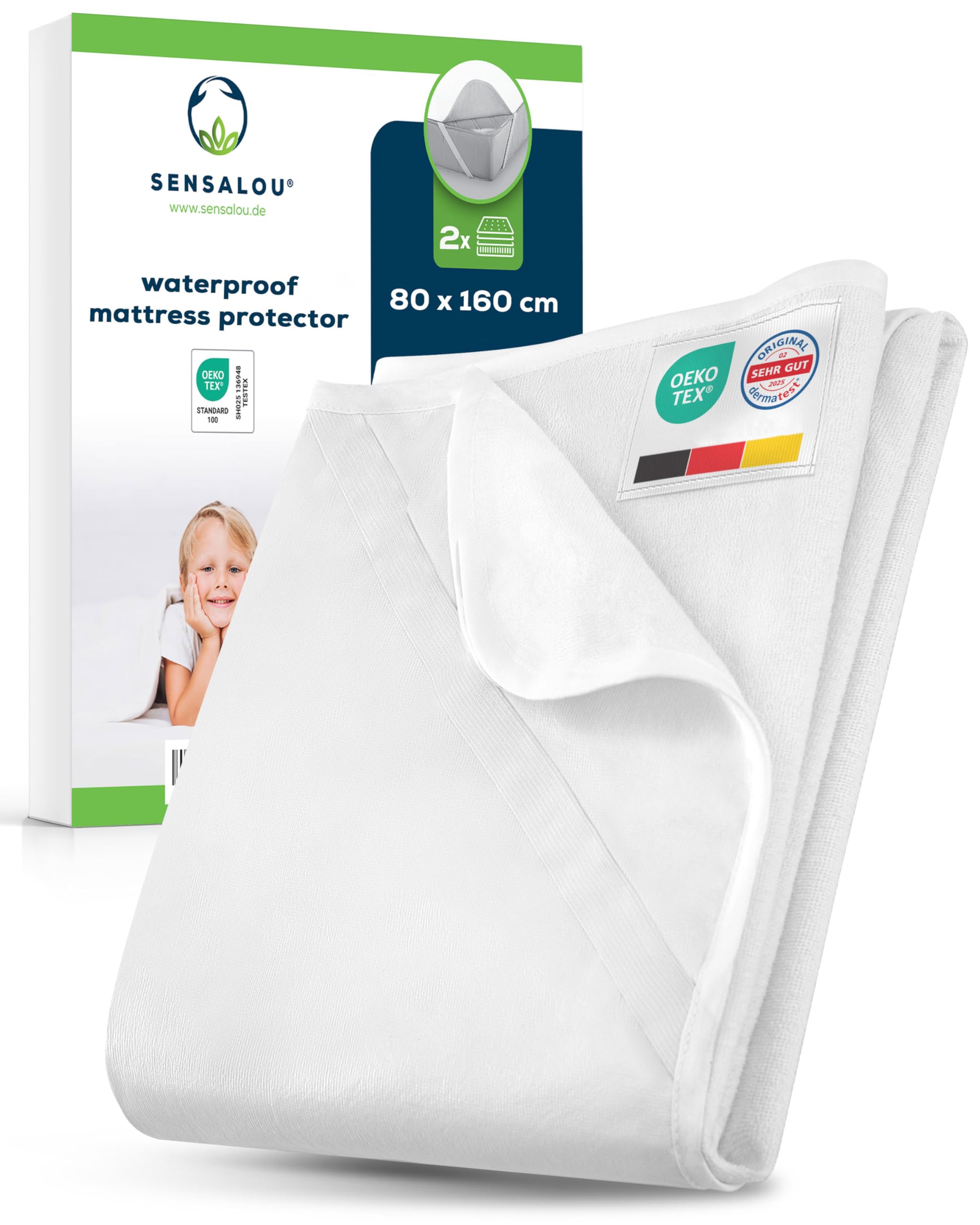 Sensalou Waterproof Mattress Protector 80x160 cm – 2-Pack Junior Bed Covers with Elastic Corner Straps, Soft Terry Surface, Hypoallergenic, Breathable, Washable at 95°C, Quiet Mattress Pads