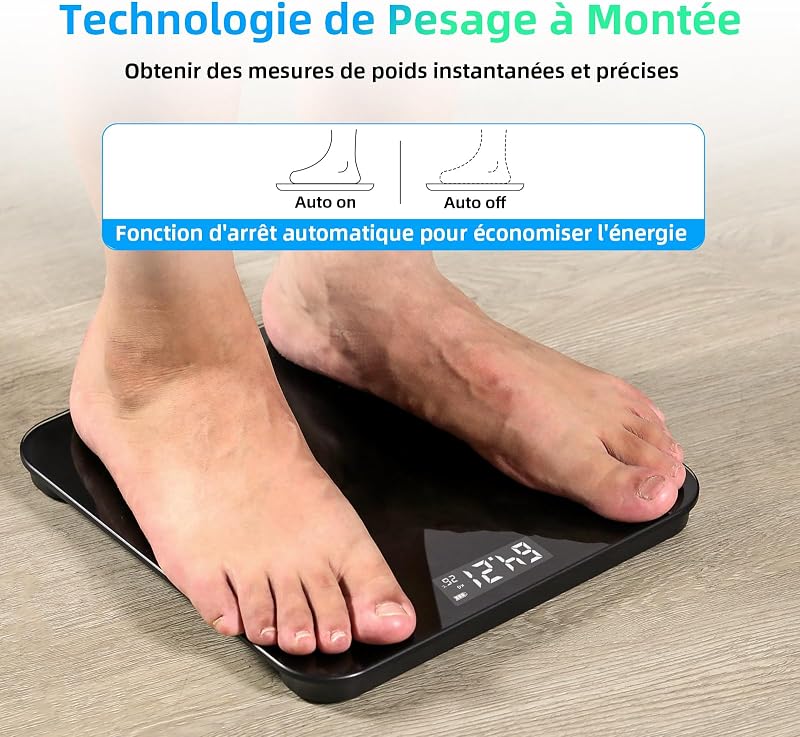 Balance Pese Personne Électronique, Pese Personnes de Haute Précision avec Affichage par LCD, Design Fin, poids Max. 180 kg/ 400lb Noir