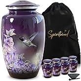Set of 5 Beautiful Anna's Hummingbird Urns for Human Ashes Adult Female - 1 Large Purple Urn for Ashes for Women with 4 Keepsake Hummingbird Urns - Beautifully Packaged with 4 Funnels & 5 Velvet Bags