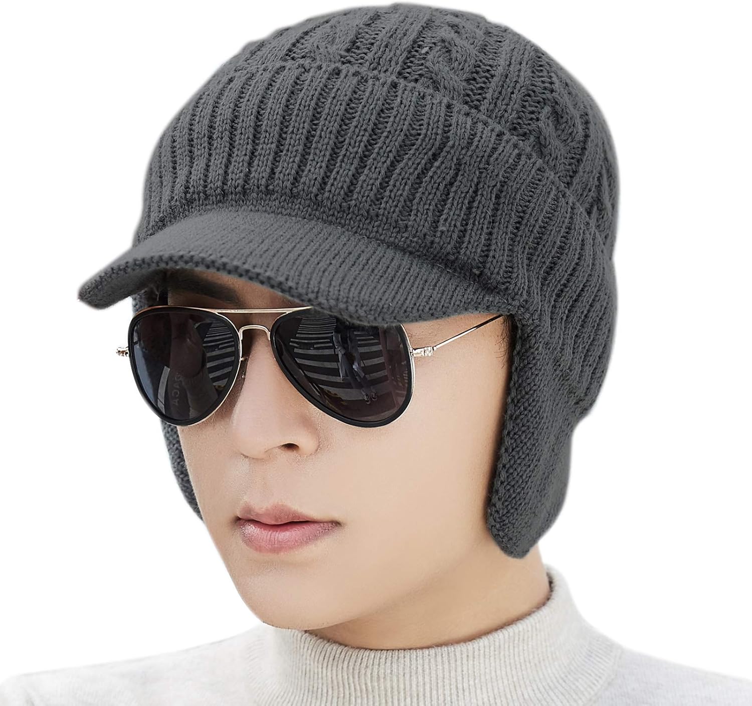 Flammi Men’s Winter Peaked Hat Cap with Earflaps Warm Fluffy Lined