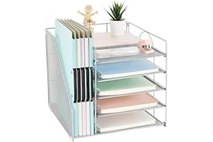 AUPSEN Office Desk Organizer, 5-Tier Paper Letter Tray with File Holder Multifunction Office Supplies and Accessories for Office School Home (Grey), AP-4TIER