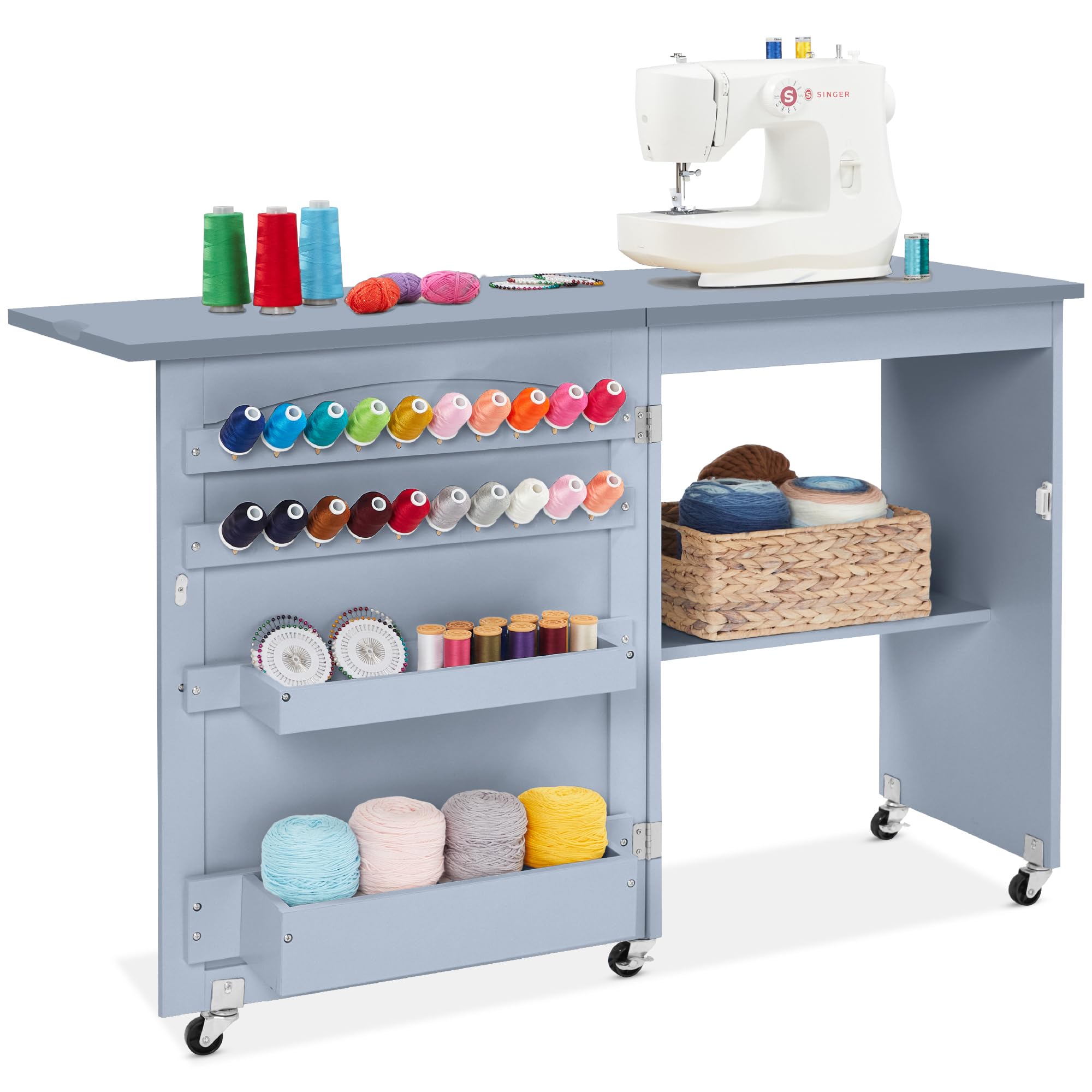 Photo 1 of Best Choice Products Folding Sewing Table Multipurpose Craft Station & Side Desk with Compact Design, Wheels, Shelves, Storage Trays, Pegs, Magnetic Doors, Metal Doorknobs - Light Blue