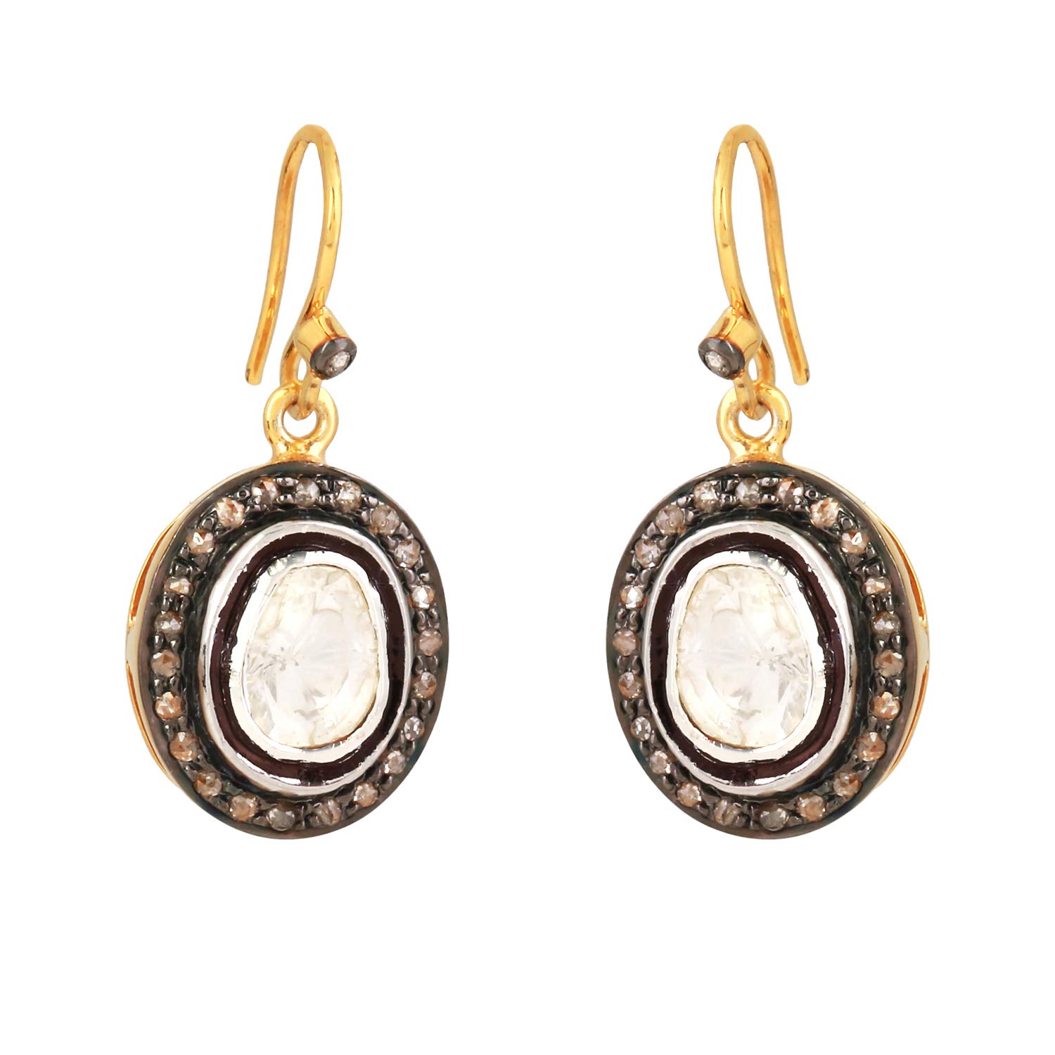 925 Sterling Silver Oval Shape With 14K Gold Fine Post Drops With, 0.45 Ct Slice Diamond And 0.36 Ct Brown Natural Diamond (I2-I3 Clarity) For Women