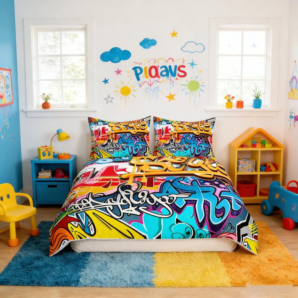 Hippie Graffiti Bedding Set Single Size for Kids Boys Youth Duvet Cover Modern Bedclothes Wall Urban Street Art Bedspread Cover with 1 Pillow Shams Zipper&Ties Personalized