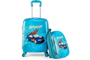BABY JOY 2 PCS Kids Luggage, 16” Carry-on Hardshell Suitcase with Wheels & Hardside Backpack for Boys Girls, Airline-Approved