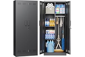 AFAIF Broom Storage Cabinets, Metal Garage Cabinet with Locking Door and Hanging Rod, Utility Storage Cabinet with Shelves, B