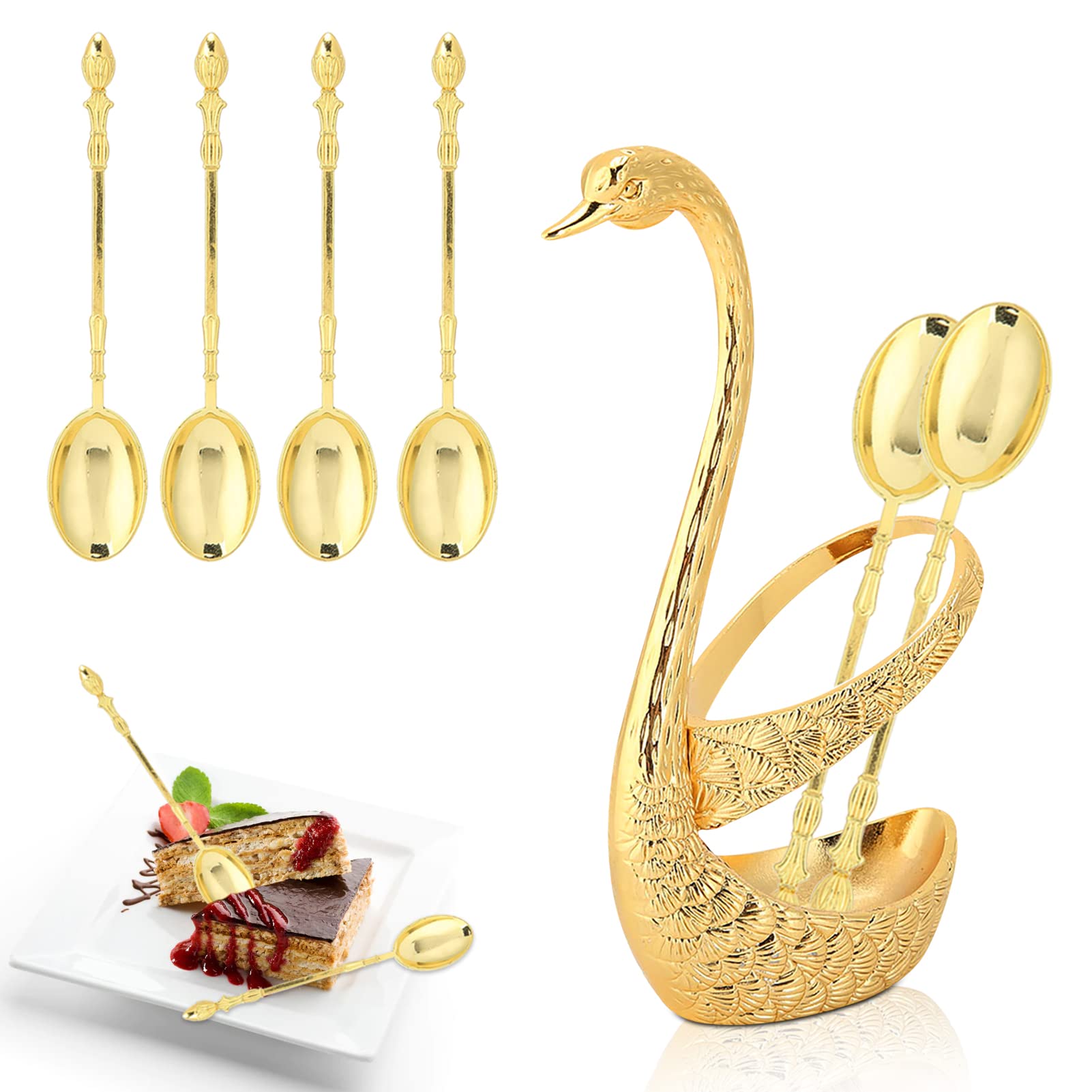 6Pcs Gold Coffee Spoons,Coffee Dessert Spoon Set with Stainless Steel Swan Base Dinnerware Set Teaspoons Flatware Set for Salad Cocktail Fruit Stirring Mixing Sugar Ice Cream Cake