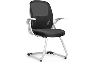 Primy Waiting Room Chairs with Flip Up Arms and Adjustable Lumbar Support, Office Guest Chairs & Reception Chairs for Conference Room, Breathable Mesh White Desk Chair No Wheels for Guest and Elderly