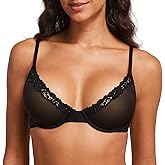 DOBREVA Women's Mesh Balconette Bra Sheer Demi Underwire Unlined Sexy Plus Size Plunge Bras Lace Trim