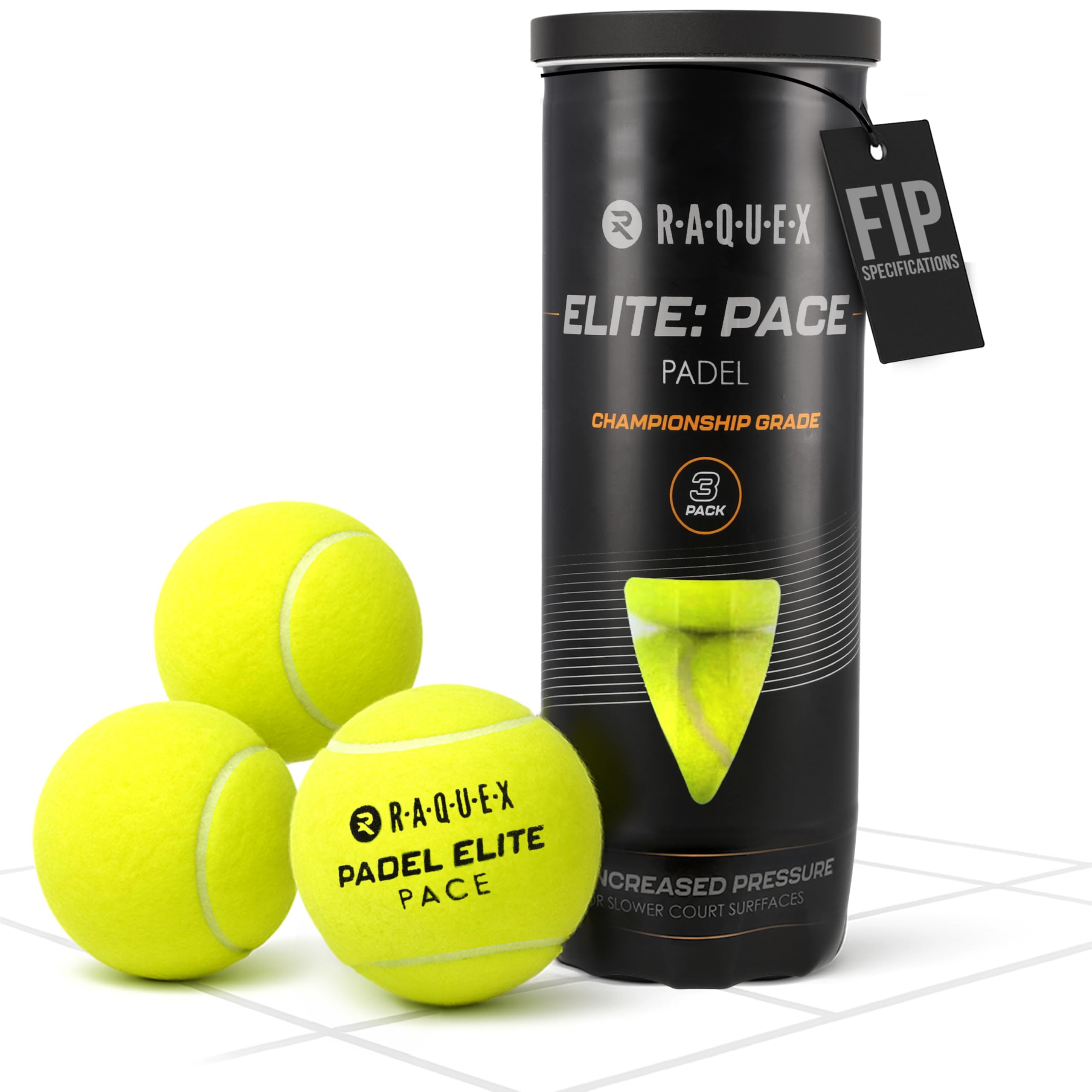 Raquex Elite Padel Balls – 3, 6, 9 or 120 Balls - Two Pressure/Speed Options - For All Court Surfaces - FIP Approved (Elite Pace)