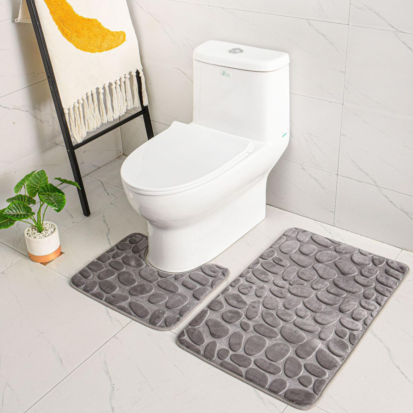 2 Piece Non Slip Pedestal Bath Mat Set, ele ELEOPTION Breathable Memory Foam Bath Mats Soft Comfortable Water Absorbent Toilet Bathroom Rug Non-Slip Pedestal Backing (Gray)