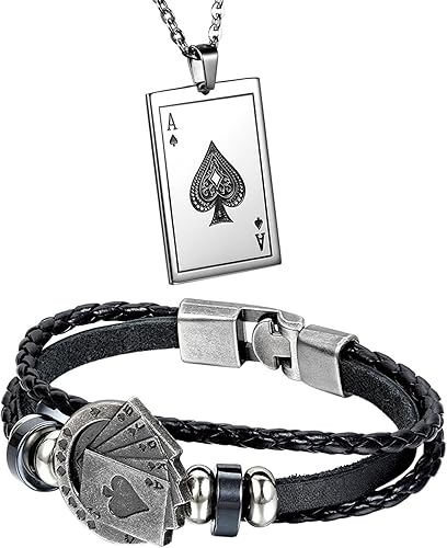 Amazon Aroncent メンズ ブレスレットレザー メンズ ネックレス ステンレス ２点セット スペード 革 首輪 腕輪 ブラックメンズ パック ファション アクセサリー ジュエリー 通販