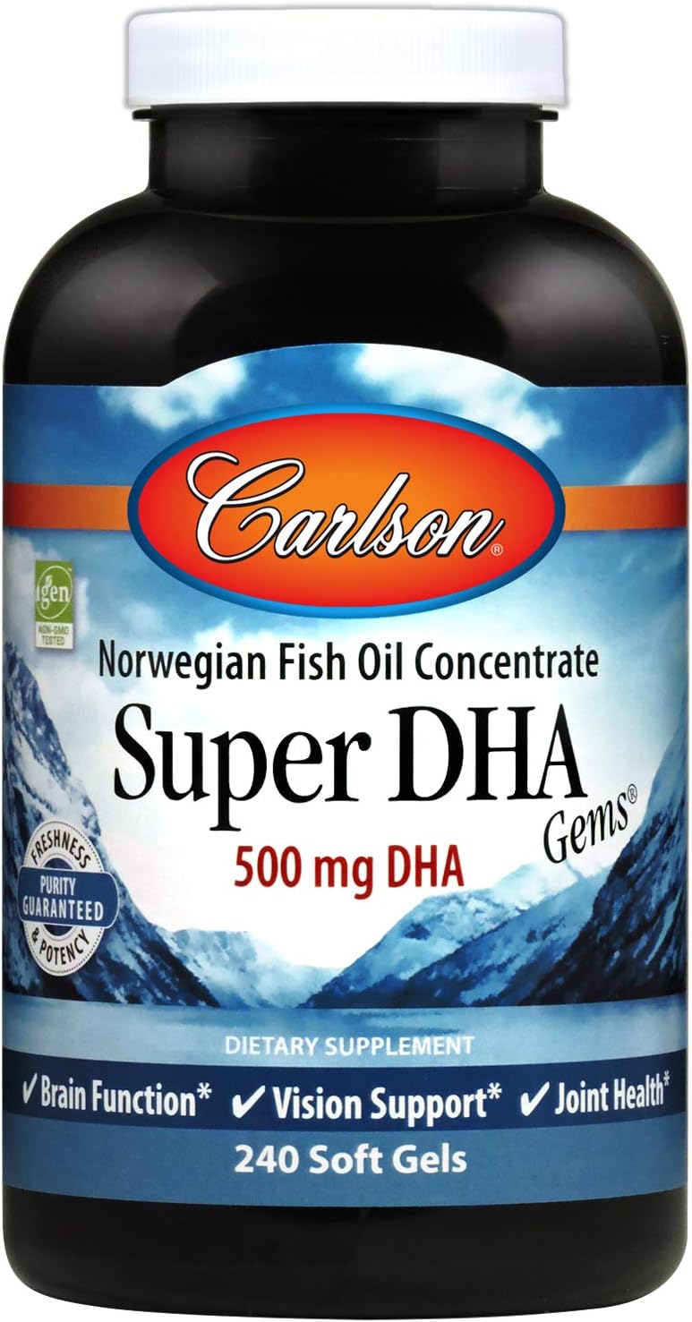 Carlson - Super DHA Gems, 500 mg DHA Supplements, 640 mg Fatty Acids, Norwegian Fish Oil Concentrate, Wild-Caught, Sustainably Sourced Fish Oil Capsules, 240 Softgels