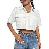 MakeMeChic Women's Cropped Button Up Shirt Short Sleeve Collar Shirts Blouse Crop Tops