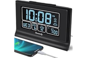 DreamSky Alarm Clocks for Bedrooms with Battery Backup, Auto Set Digital Clock with Date and Day of Week, Temperature, USB Port, Auto DST, Dimmer, 12/24H