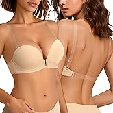 Upushall Backless Bra with Clear Straps and Back Plunge Padded Push Up Low Cut Underwire Bras for Women