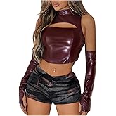 OYOANGLE Women's PU Leather Cut Out Mock Neck Crop Tank Top Party Going Out Concert Tops