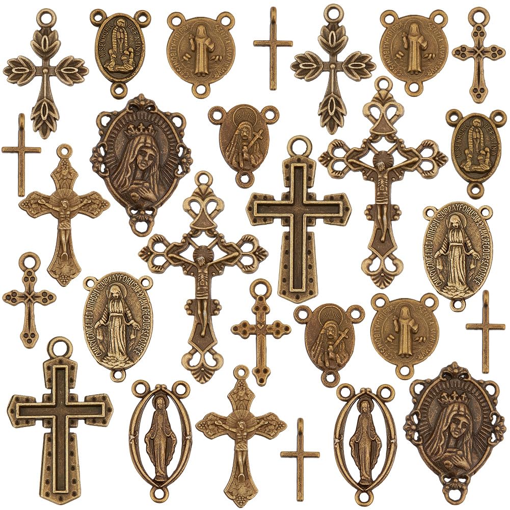 PH PandaHall 90pcs Tibetan Cross Pendants, 15 Styles Crucifix Cross Charms Antique Bronze Connector Charm Oval Pendants Beads for Easter Christmas Necklace Bracelet Choker Jewellery Making Craft