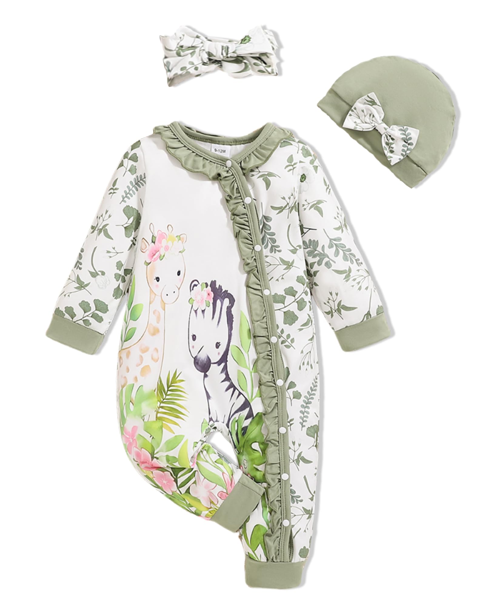 Photo 1 of Doresbebe 9-12 Months Infant Baby Girl Clothes Cute Giraffe +Zebra With Floral Print Long Sleeve Toddler Girl Clothes White For Baby One-Piece Green Ruffle One Sies