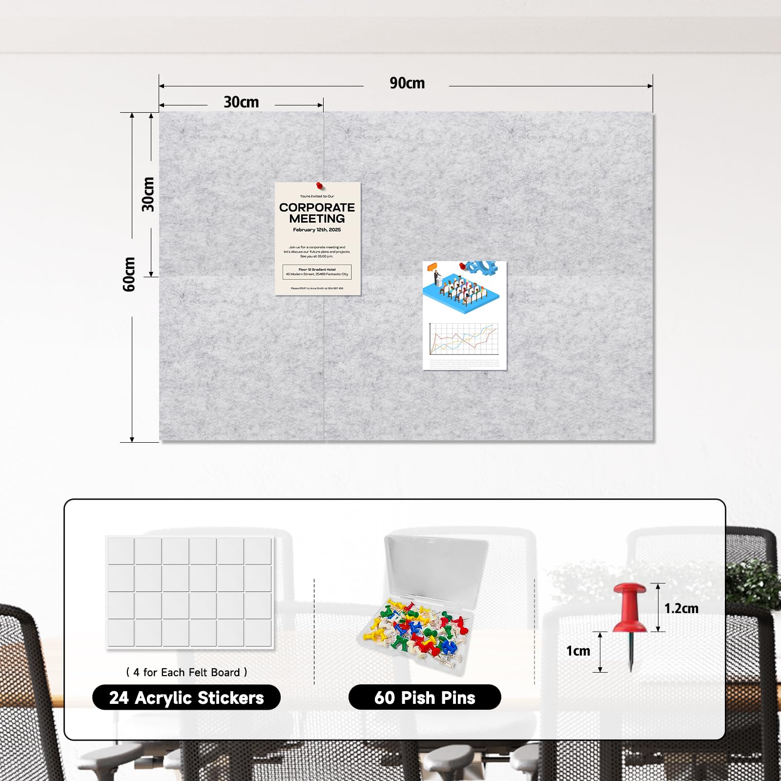 Sliandtelly Filz Pinnwand selbstklebend, 6 Stück Filzwand Korkplatte Mit 60 Pins & Abnehmbaren Klebebändern, Grau Foto Pinnwände Dicke 12mm, 60x90cm, Wandschonend Für Küche Zuhause Büro Schule