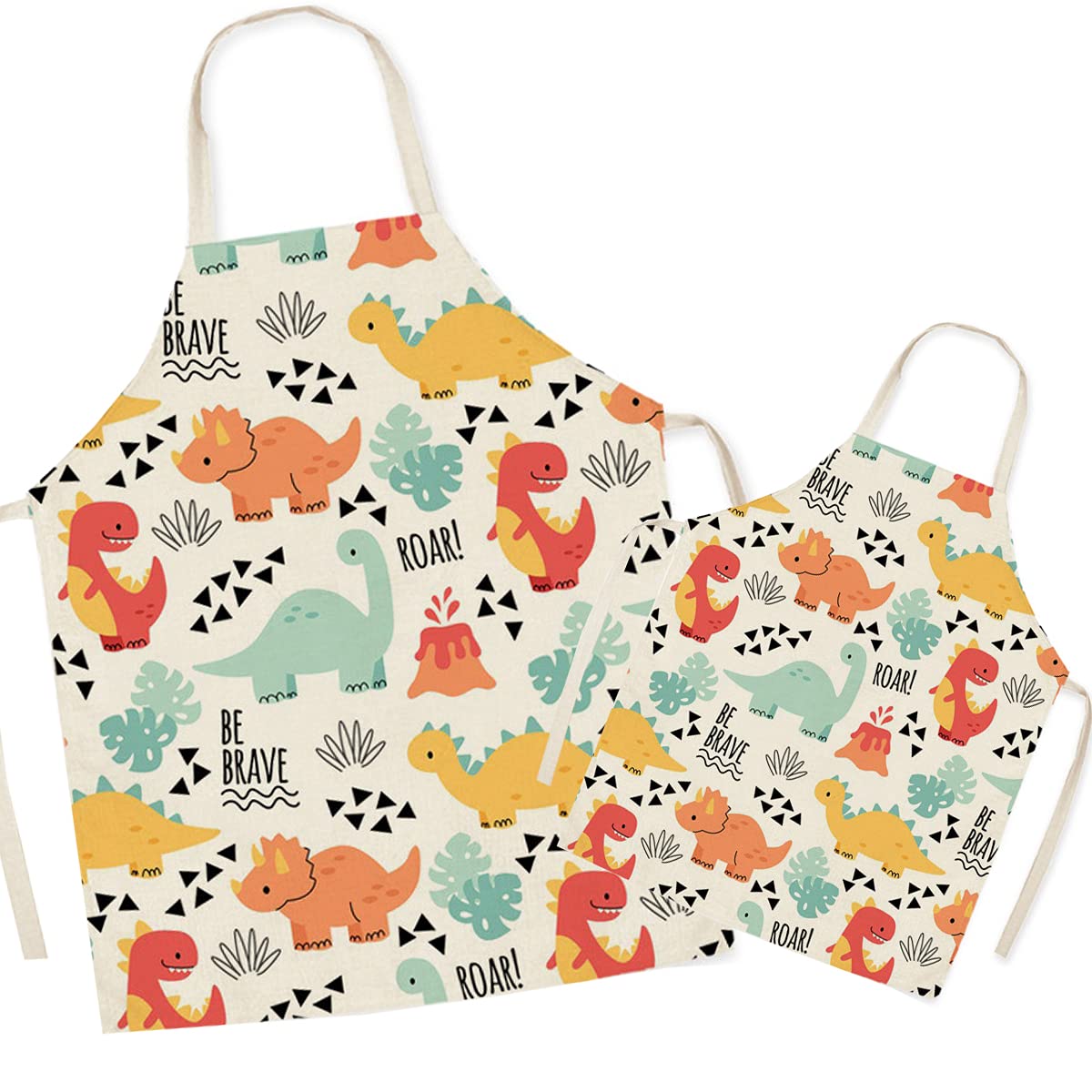 FOMAISELF Linen Parent and Child Cooking Apron - Cute Dinosaur Pattern Mum and Kids Apron, Mummy Son Daughter Aprons for Cooking Baking Painting Party