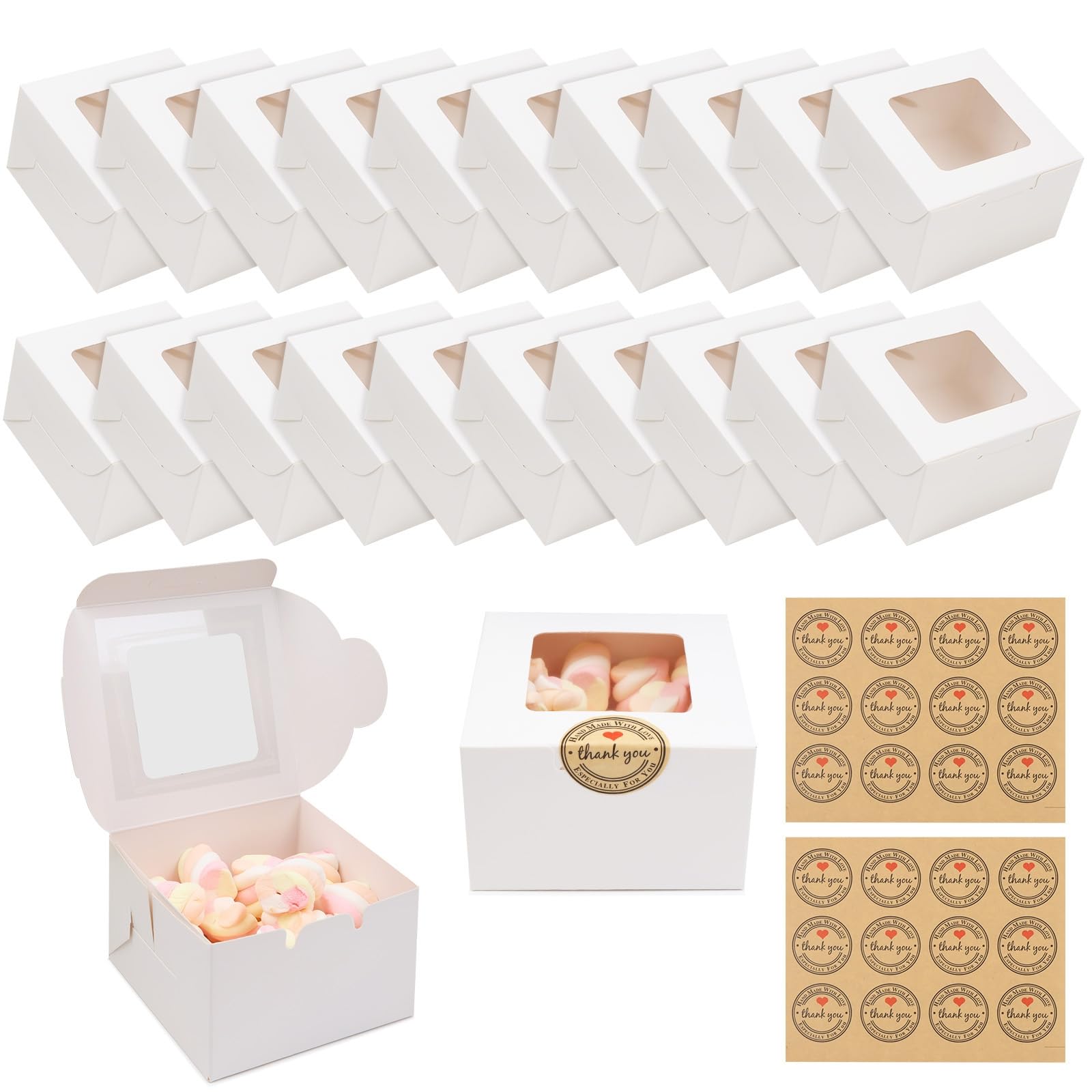JOYSKY 20 Pcs White Cupcake Boxes Paper Cake Box Bakery Pastry Boxes with Windows and 24 Stickers Kraft Candy Boxes for Cupcakes Desserts Pastries Cookies Small Cakes Candy Pies & Gifts