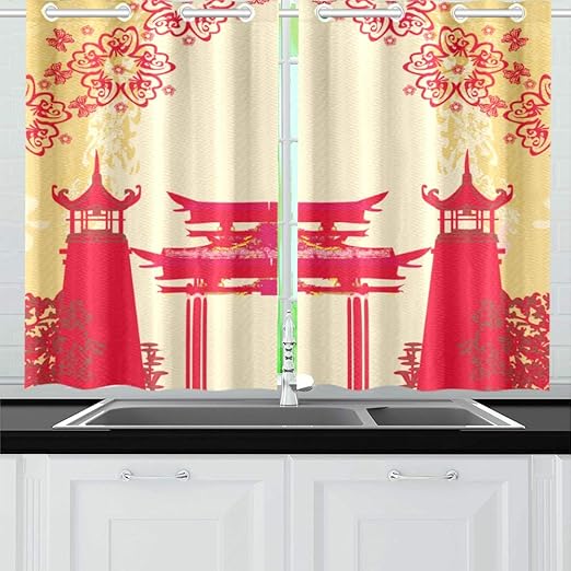 Amazon Com Kitchen Curtains Abstract Card Asian Buildings Vintage Frame Window Drapes 2 Panel Set For Kitchen Cafe Decor 52 X 39 Unique Kitchen Curtains Kitchen Dining