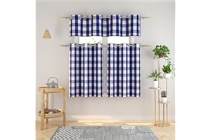 NATUS WEAVER 3 Pc Cotton Classic Country Farmhouse Kitchen Window Curtain Grommet Top -Navy Blue & White Buffalo Check Tier & Valance Set, 54" x 18" / 32" x 36"