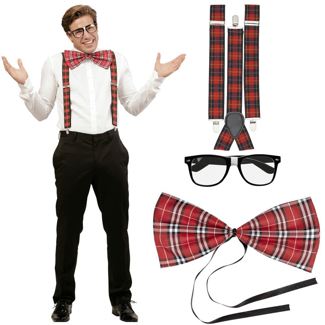 Mega_Jumble® Nerd Costume Kit Geek Disguise Set Chequered Checked Braces Fly Glasses Swot Outfit Accessory Bad Taste Theme Party 80's Dweeb School