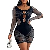 Women's Mesh Long Sleeve Bodycon Romper, Black with Cutout Details, Short Length