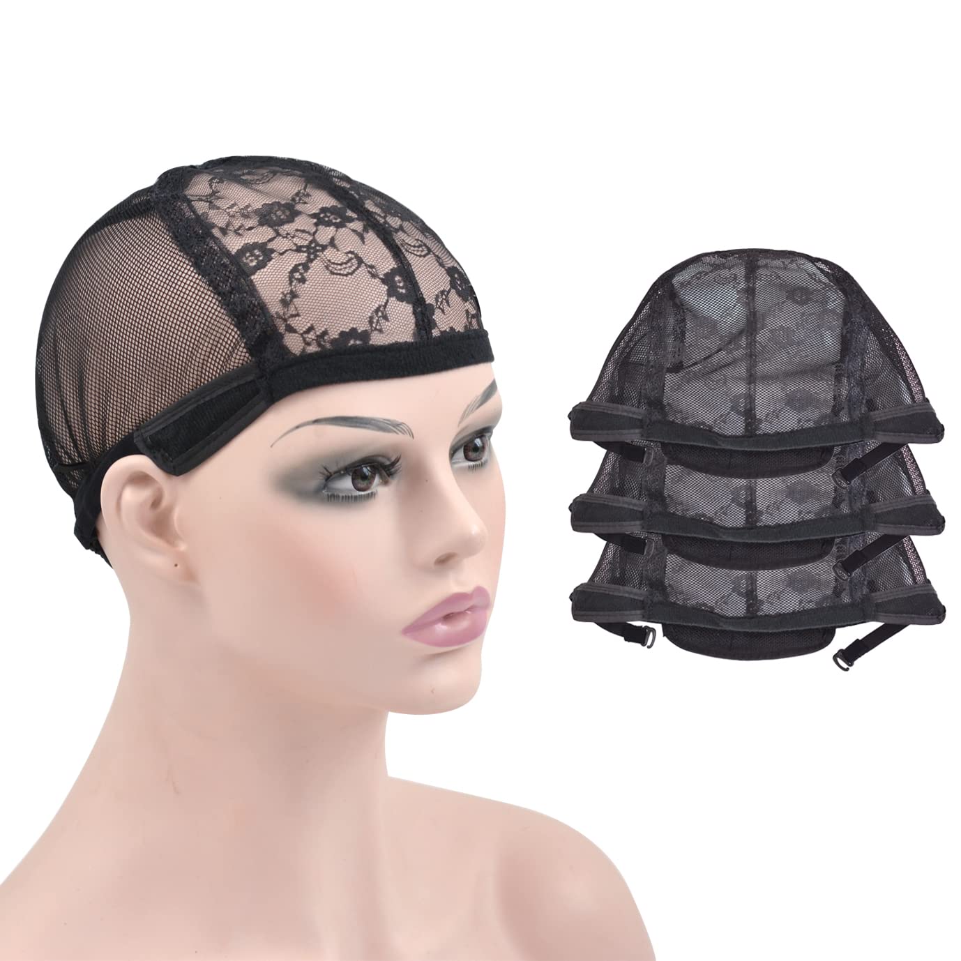 3 Pcs Black Lace Wig Caps for Wig Making Wigs Hair Net for Women with Adjustable Straps to Hold Wigs in Place (Black XS)