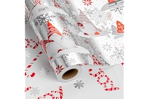Flyhill Christmas Reversible Wrapping Paper Roll-17in X 33ft(46.8 sqft)-Metallic Foil Shine Red and Gray Gnomes & Christmas Trees Patterns with Joy letterings,Snowflake,Candy Canes for Birthday,Party