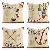 BREASOME Nautical Sailing Throw Pillow Covers 18x18 inch Rrteo Boat Anchor Khaki Linen Cushion Covers for Couch Sofa Bed Home Decor Set of 4