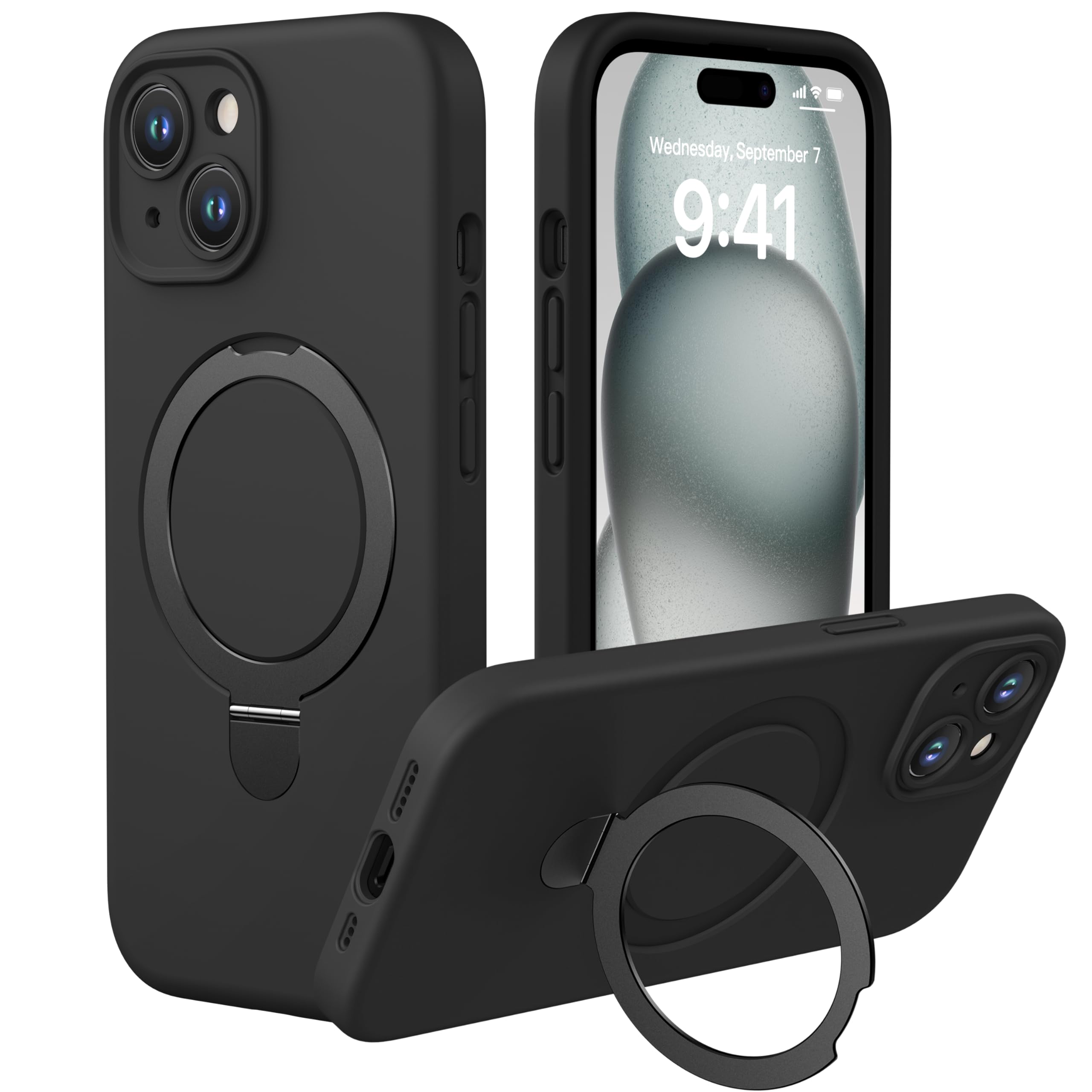 CellEver Strong Magnetic Case for iPhone 15 [for MagSafe Charging] [Camera Protection] Heavy-Duty Protection, Soft Grip Silicone Cover with Kickstand, Black