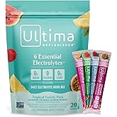 Ultima Replenisher Daily Electrolyte Powder – Tropical Variety Pack, 20 Stickpacks – Zero Sugar Hydration Packets with 6 Electrolytes and Minerals – Sugar Free, Plant Based & Keto Friendly​ Drink Mix