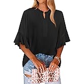 LOOKBOHO Women's 3/4 Sleeve Tops Dressy Casual V Neck Ruffle Sleeve Chiffon Blouses Shirts