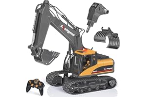 kolegend 3 in 1 Remote Control Excavator Toy 1/14 Scale RC Excavator, 15 Channel Upgrade Full Functional Construction Vehicles with Tools Metal Breaker and Electric Gripper(Yellow/Black)