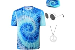 Inrajoper Boys 60s 70s Outfits 4 Pcs Hippie Costume Accessories Kids Colorful Tie Dye Tshirt for Theme Party