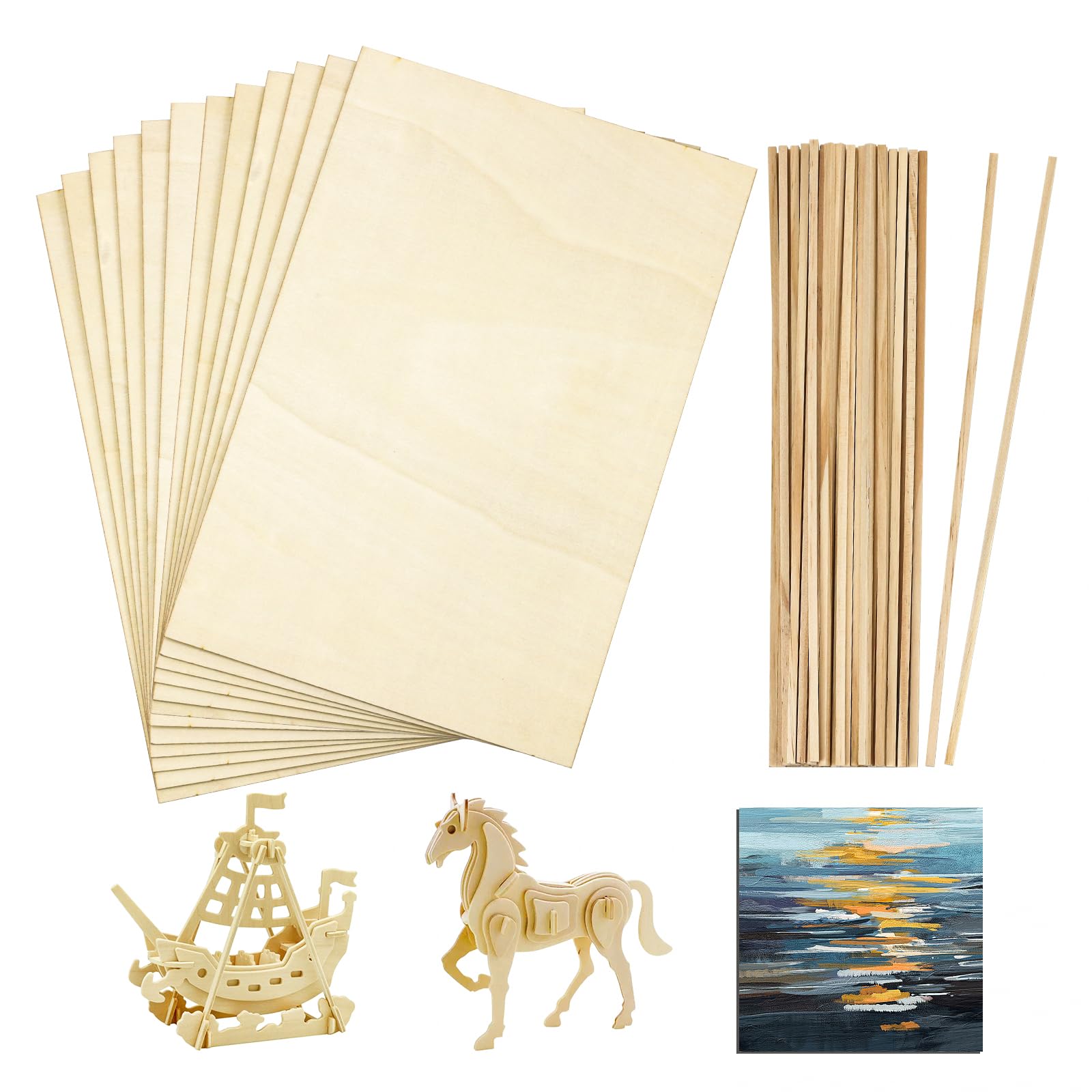12 Pcs Balsa Wood Sheets and 50 Pieces Wooden Sticks, 20*30*0.2cm Basswood Sheets Unfinished Wood Board, for Home Decoration, DIY Crafts Projects, Woodcraft Model, Painting and Engraving (20*30*0.2cm)