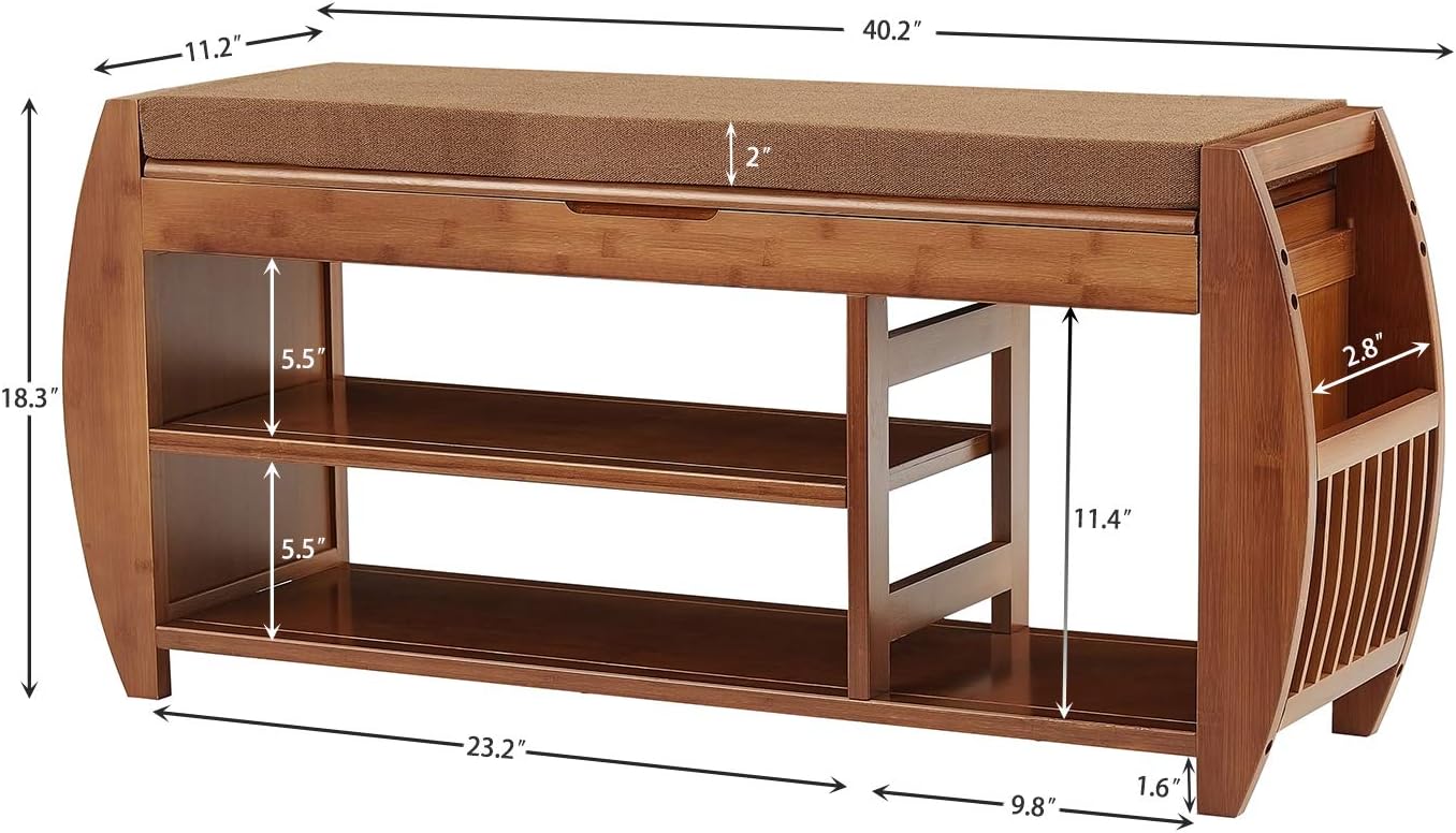 Bamboo Shoe Rack & Shoe Bench, Entryway Storage Organizer, Multi Function for Hallway Bathroom Living Room Corridor and Garden, Detachable Cushion with Hidden Storage Compartment: Kitchen & Dining