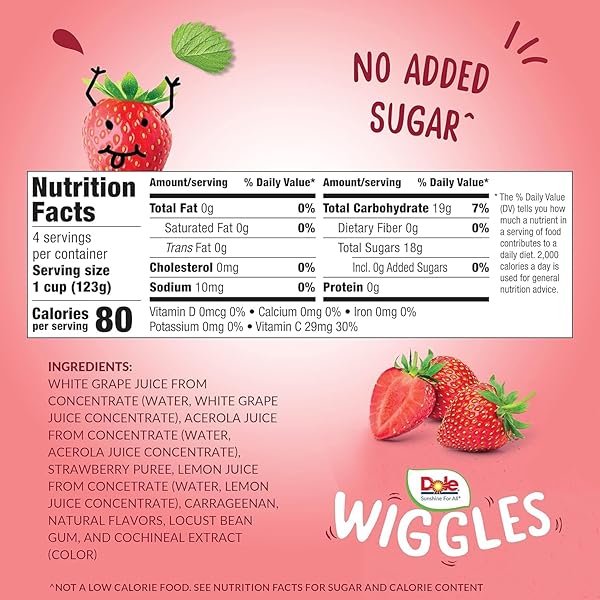 DOLE WIGGLES NO SUGAR ADDED STRAWBERRY FRUIT JUICE GELS SNACKS, 4.3OZ 4 TOTAL CUPS, GLUTEN & DAIRY FREE, BULK LUNCH SNACKS FOR KIDS & ADULTS
