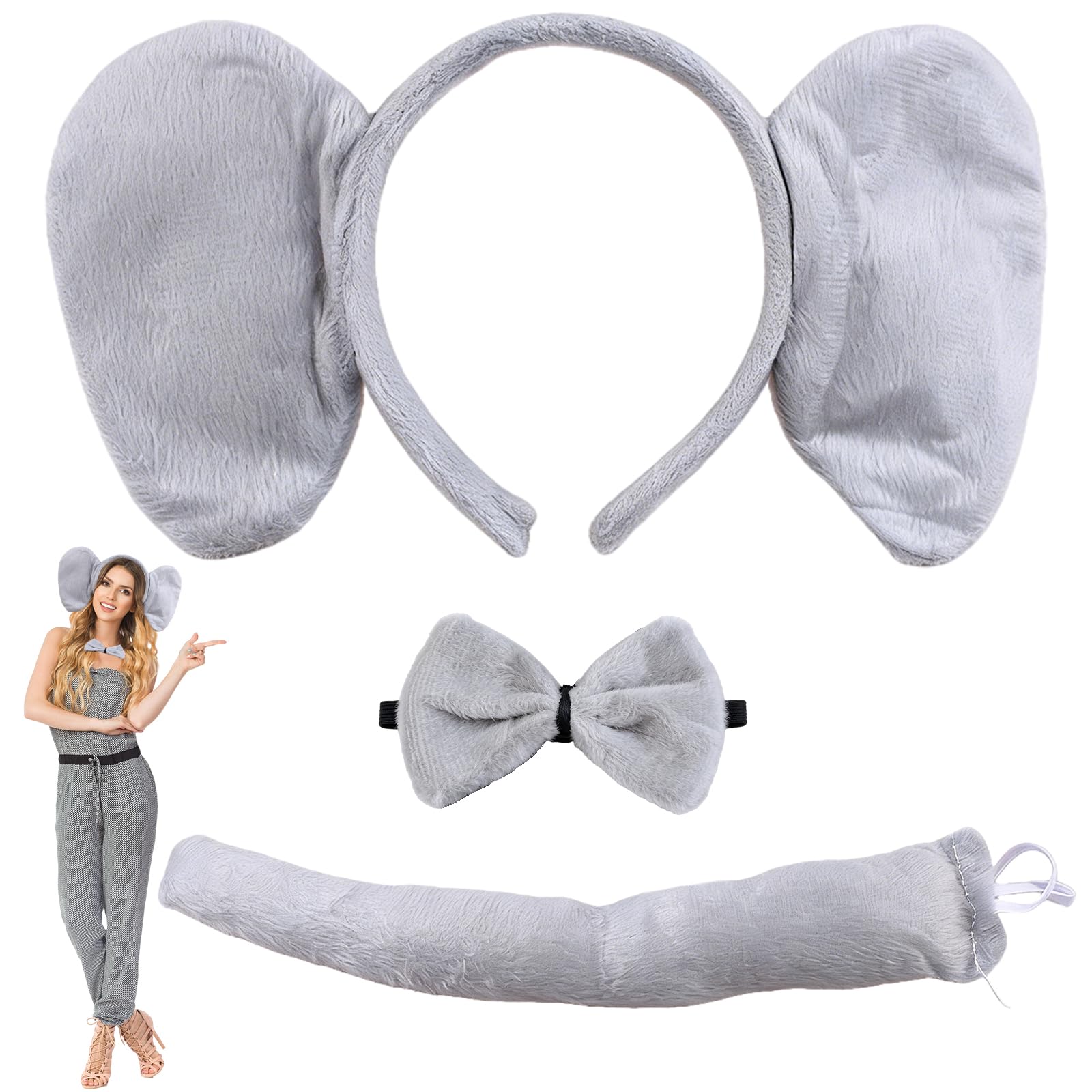 MUNSKT Elephant Headband with Ears Tail Bow Tie Set, Animal Costume Accessories for Fancy Dress Party, Halloween, Cosplay, Carnival, Christmas, Stage Show, World Book Day