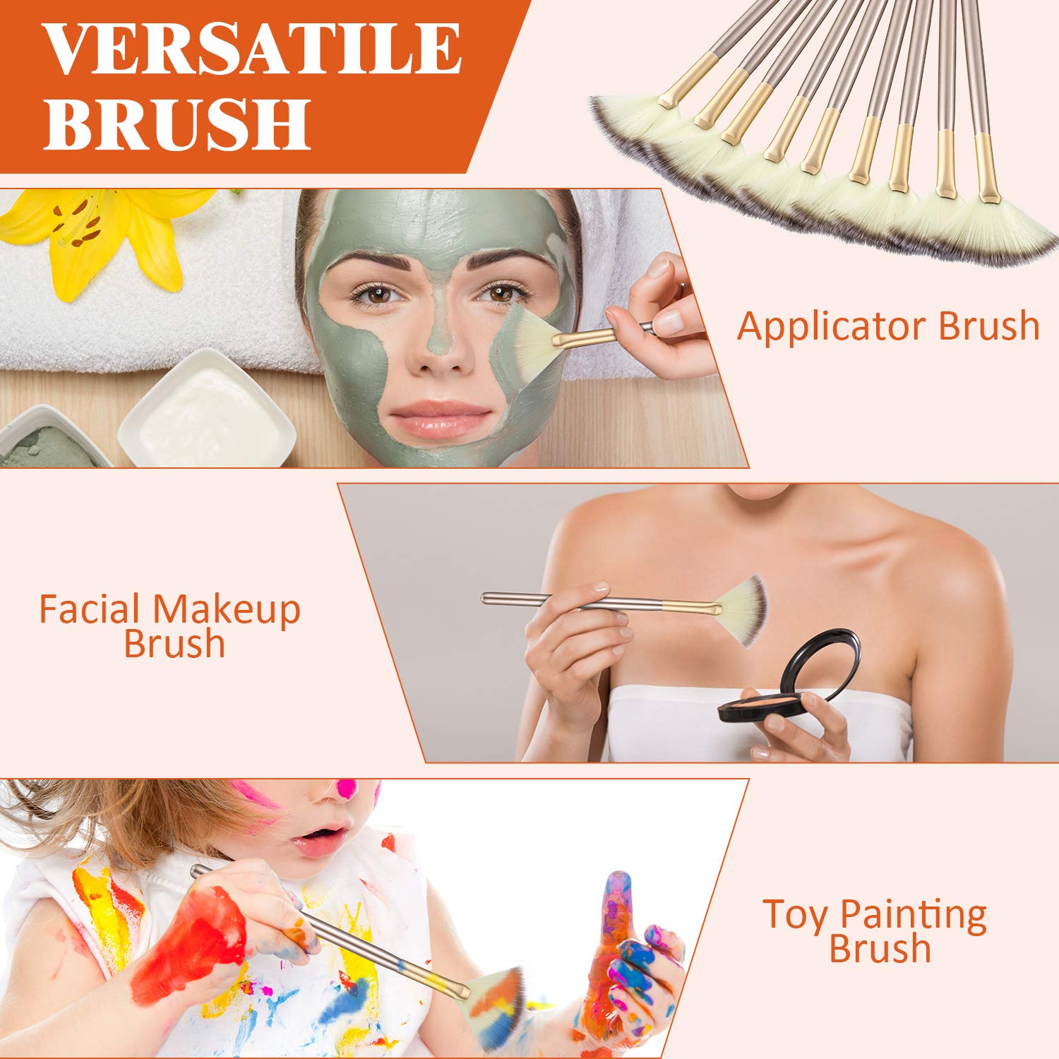 9 Pieces Soft Facial Makeup Brush Facial Powder Cosmetics Brushes Wooden Handle and Soft Fiber Face Fan Shape Brushes Makeup Brushes Cosmetic Tool for Face Highlighting Makeup Powder: Beauty