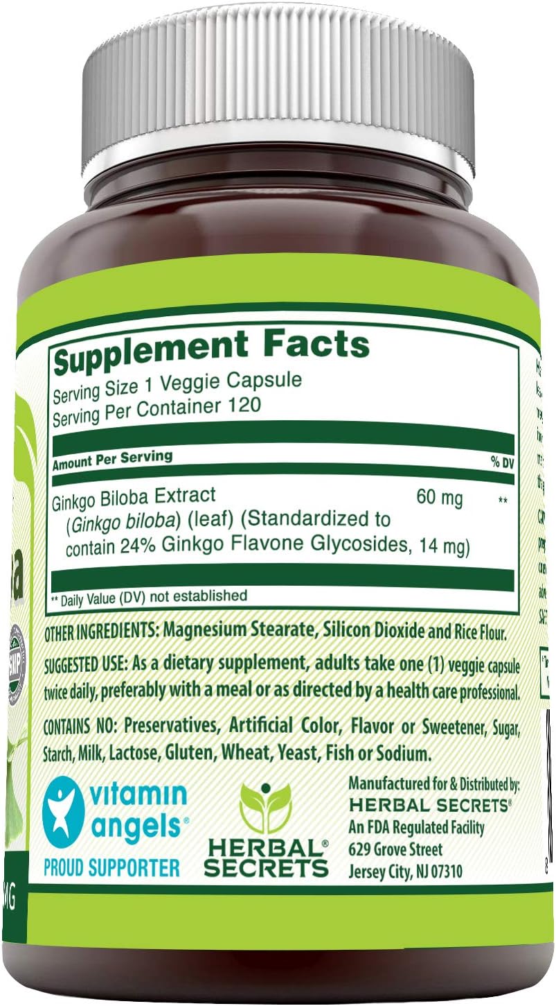 Herbal Secrets Ginkgo Biloba Supplement - 60 mg Ginkgo Leaf Extract (Standardized to Contain 24% Ginkgo Flavone Glycosides) in each Capsule - Memory Support & More - 120 Capsules Per Bottle: Health & Personal Care